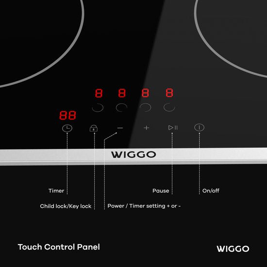 Wiggo WH-E614G(B) - Table de cuisson à induction encastrable - 60 cm - 4 zones de cuisson - Commande par curseur - Monophasé, sans fiche - Garantie 5 ans - Noir