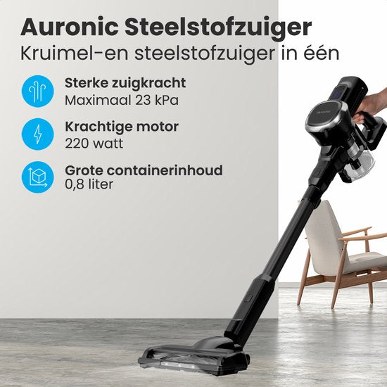 Auronic Aspirateur Bâton Sans Fil - Aspirateur Bâton Autonome - Sans Sac - 220W - Aspirateur - Noir