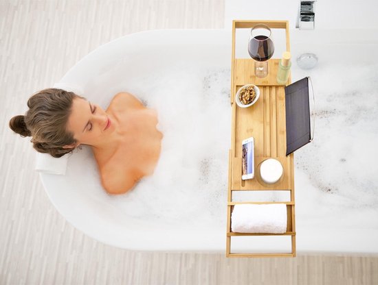 Budu Planche de bain en bambou - Planche de bain en bois - Planche de bain pour le bain - Réglable / Extensible - Support de bain - Support de bain en bambou - 70-105 cm
