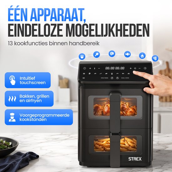 Strex Airfryer à double panier 11 L XXL, friteuse à air chaud 2 500 W - Airfryer à 2 paniers - Dual Basket - 13 programmes de cuisson - Grande friteuse à air chaud verticale pour toute la famille