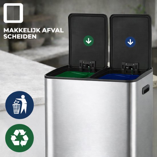 Bayt Poubelle - Poubelle 60 litres (2x30) - Poubelle 60 litres - Poubelle à pédale 60 litres - Poubelle Séparation des déchets - Poubelle 2 compartiments - Poubelle - Acier inoxydable - Argent