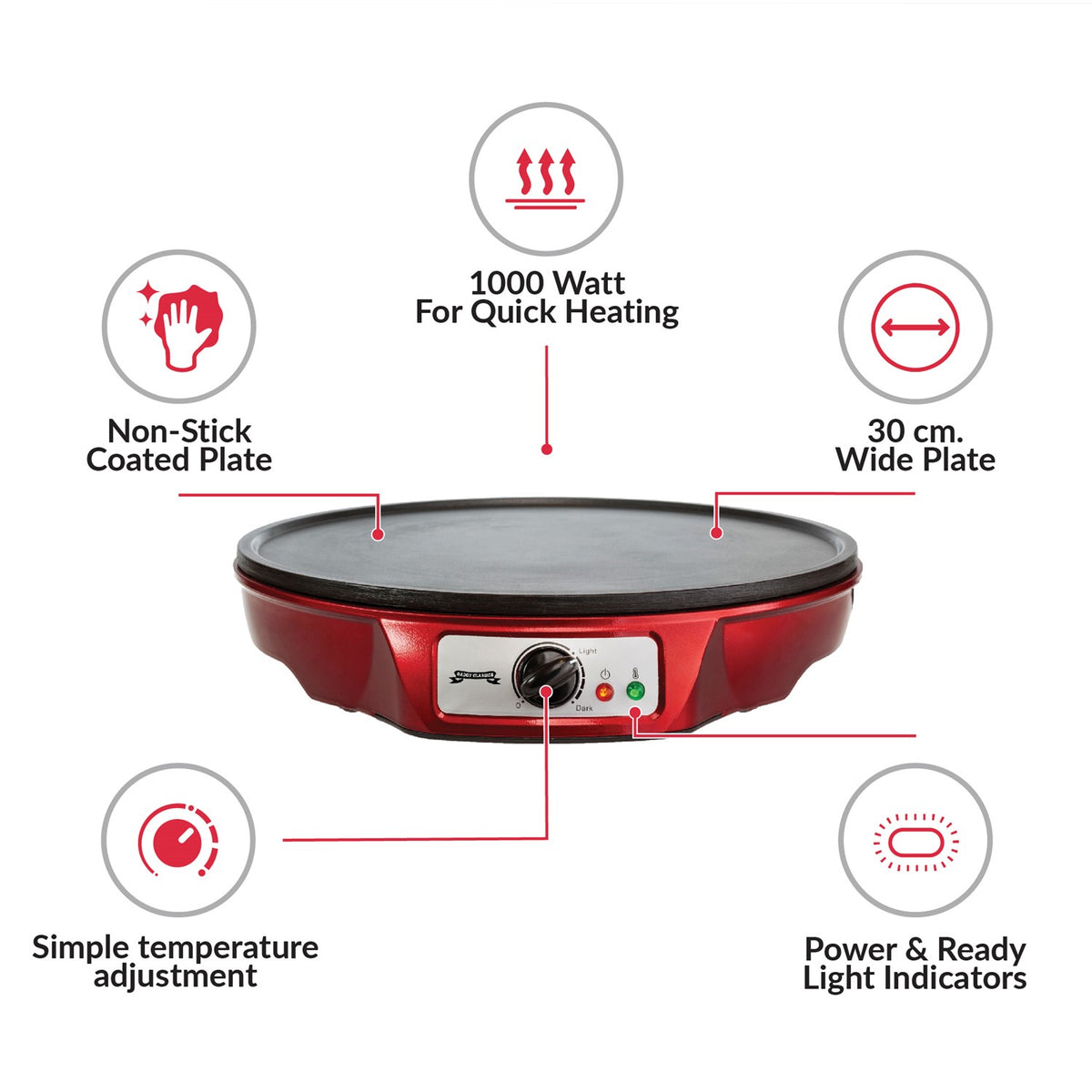 Crêpière Gadgy, Thermostat réglable, Ø30CM, 1000W, Spatule et diviseur de pâte, Rouge