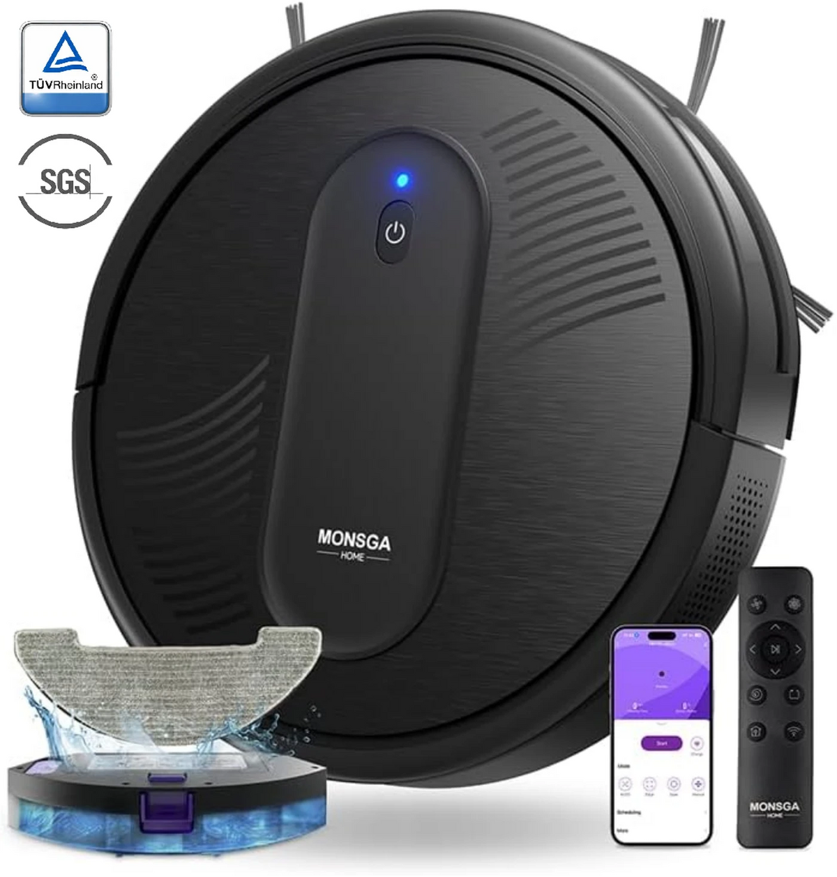 monsga « Robot aspirateur MONSGA MR1, aspirateur robot à puissante aspiration de 3 000 Pa, ultra-fin de 3,2 pouces, 140 min d'autonomie, robot aspirateur pour sols durs/moquettes à poils courts/poils d'animaux, commande par télécommande/application/voix,