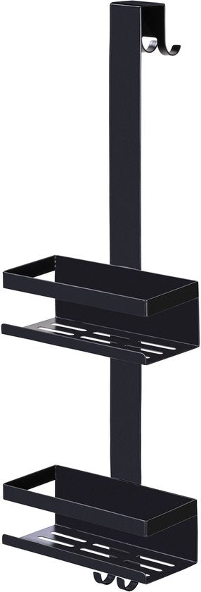 WENKO Support de douche Bribano Duo à 2 niveaux, en acier inoxydable noir mat, 23 x 71 cm - Support de douche sans perçage - Support de douche suspendu - Panier de douche - Panier de douche à suspendre