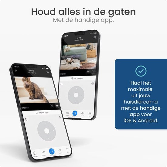 Gologi pet camera - Caméra pour chien - Caméra pour animaux - Caméra de sécurité - Caméra de sécurité - Pour tous les animaux - Avec wifi