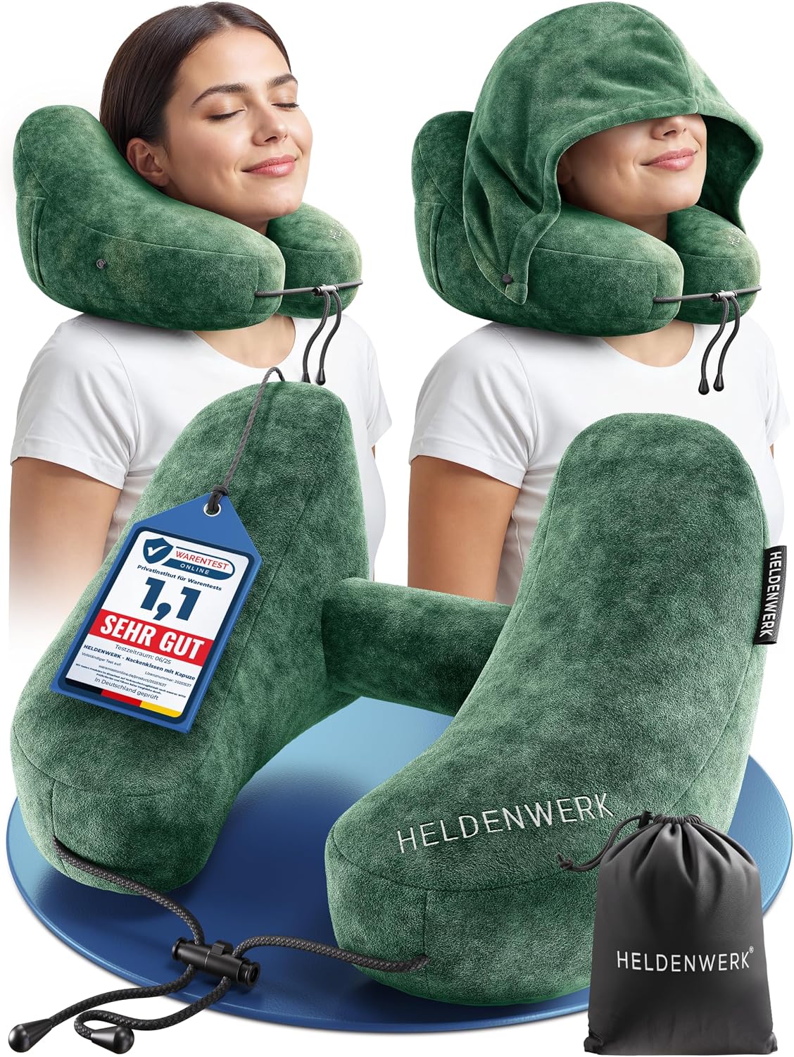 Oreiller cervical Heldenwerk® Premium Air – ErgoRing – Gonflable – Avec capuche et bouchons d'oreille