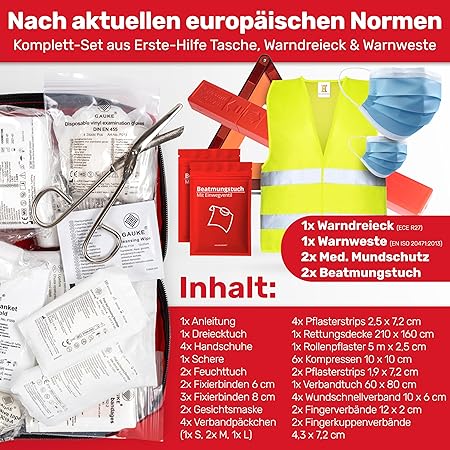 Car combi bag (3 en 1) selon la norme actuelle 2026 - y compris triangle de signalisation, gilet de sécurité - kit de premiers secours triangle de signalisation set kit de premiers secours voiture DIN 13164:2022 (conformément au code de la route allemand)