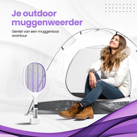 TTD® Premium Electric Fly Swatter and Mosquito Lamp Rechargeable with XXL 2 Meter Charging Cable and LCD Screen - 2 Stages Fly Swatter and Mosquito Lamp - 2500 Volts - Rechargeable via USB and Power Socket - With Safety Net - UV Light - Fly Catcher