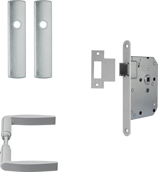 AXA Inner door hardware set (Curve click) Aluminium poli : Levier (modèle Curve) sur bouclier et serrure avec têtière blanche