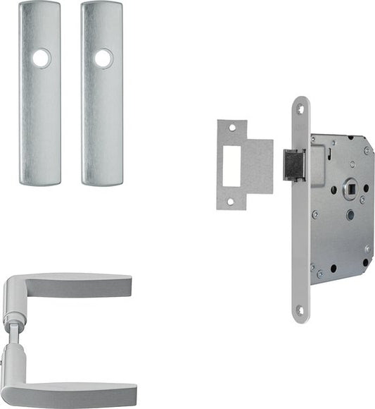 AXA Inner door hardware set (Curve click) Aluminium poli : Levier (modèle Curve) sur bouclier et serrure avec têtière blanche