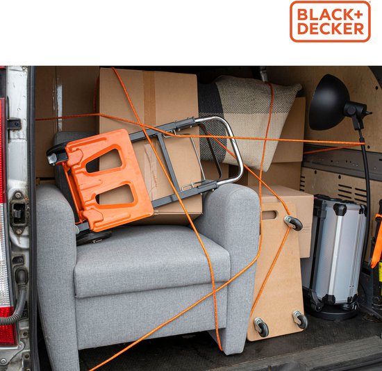BLACK+DECKER Sangle d'arrimage 15 mètres - Incl. Sangle d'arrimage Oproller - Sangle d'arrimage - Corde de transport - Cordon élastique - avec parties réfléchissantes - Gestion du transport - Nylon/ Plastique - Orange/Noir