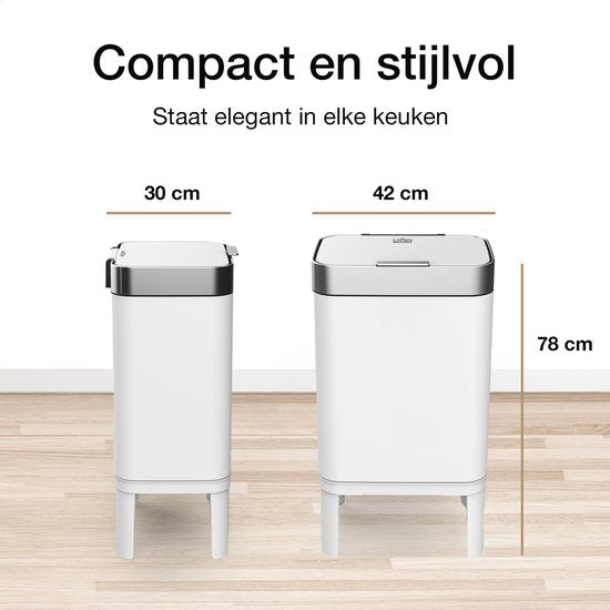 Loftey Trashcan 60 Liter - Push/touch Waste Bin - Duo Waste Bin with Inner Bin - Garbage Can 2 Compartments - Waste Separation 2x30L - Kitchen - White/RVS