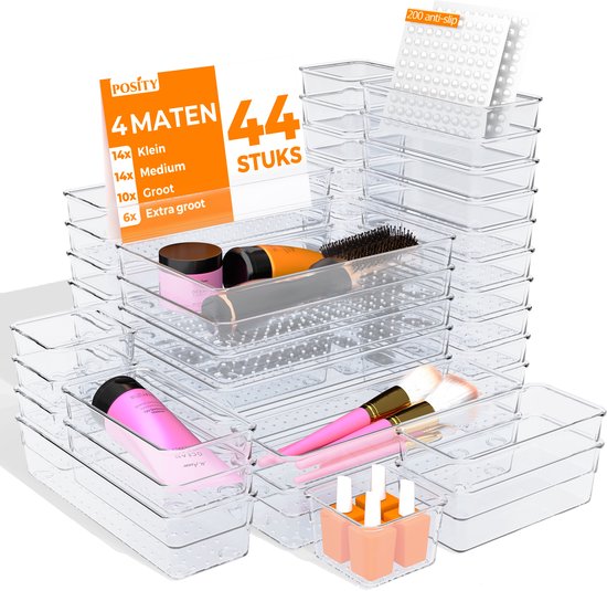 Posity Organisateur de tiroirs - 44 pièces - Plateaux d'organisation - Plateaux de tiroirs - Plateaux de stockage - Organisateur de maquillage - Pour la cuisine, la salle de bain et le bureau - Plastique - Transparent