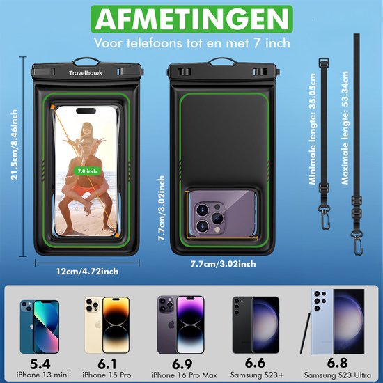 Travelhawk Waterproof Phone Cases - Drybag Set of 2 - Underwater Case - Waterproof phone pouch - Convient à tous les Smartphones - Egalement pour passeport et cartes de débit - Transparent - Eau - Vacances - Natation - Téléphone - Waterproof