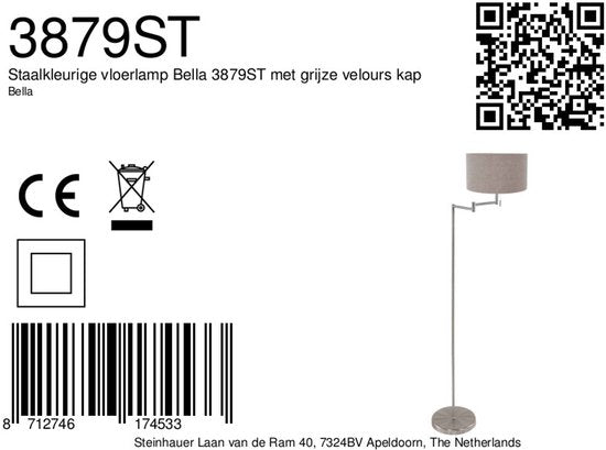 Lampadaire Bella 3879ST couleur acier avec abat-jour en velours gris, rabattable, en métal et textile, hauteur 154 cm, diamètre de l'abat-jour 30 cm - Mexlite