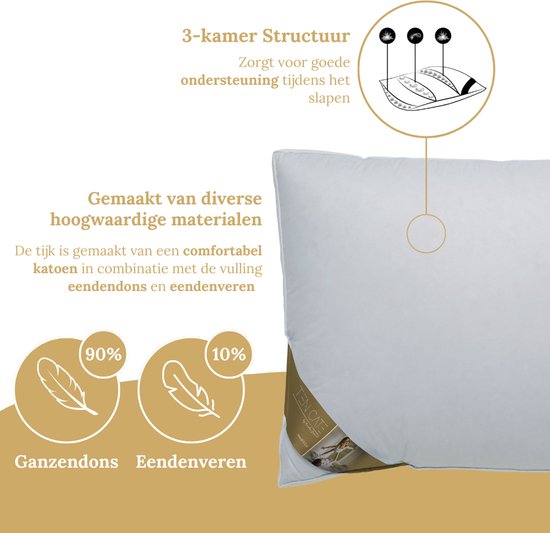 Oreiller Ten Cate - Oreiller pour douleurs cervicales - Duvet et plumes d'oie - Trois compartiments - Oreillers - Convient aux personnes dormant sur le dos, sur le côté et sur le ventre - Oreiller ergonomique - 50 x 60 cm
