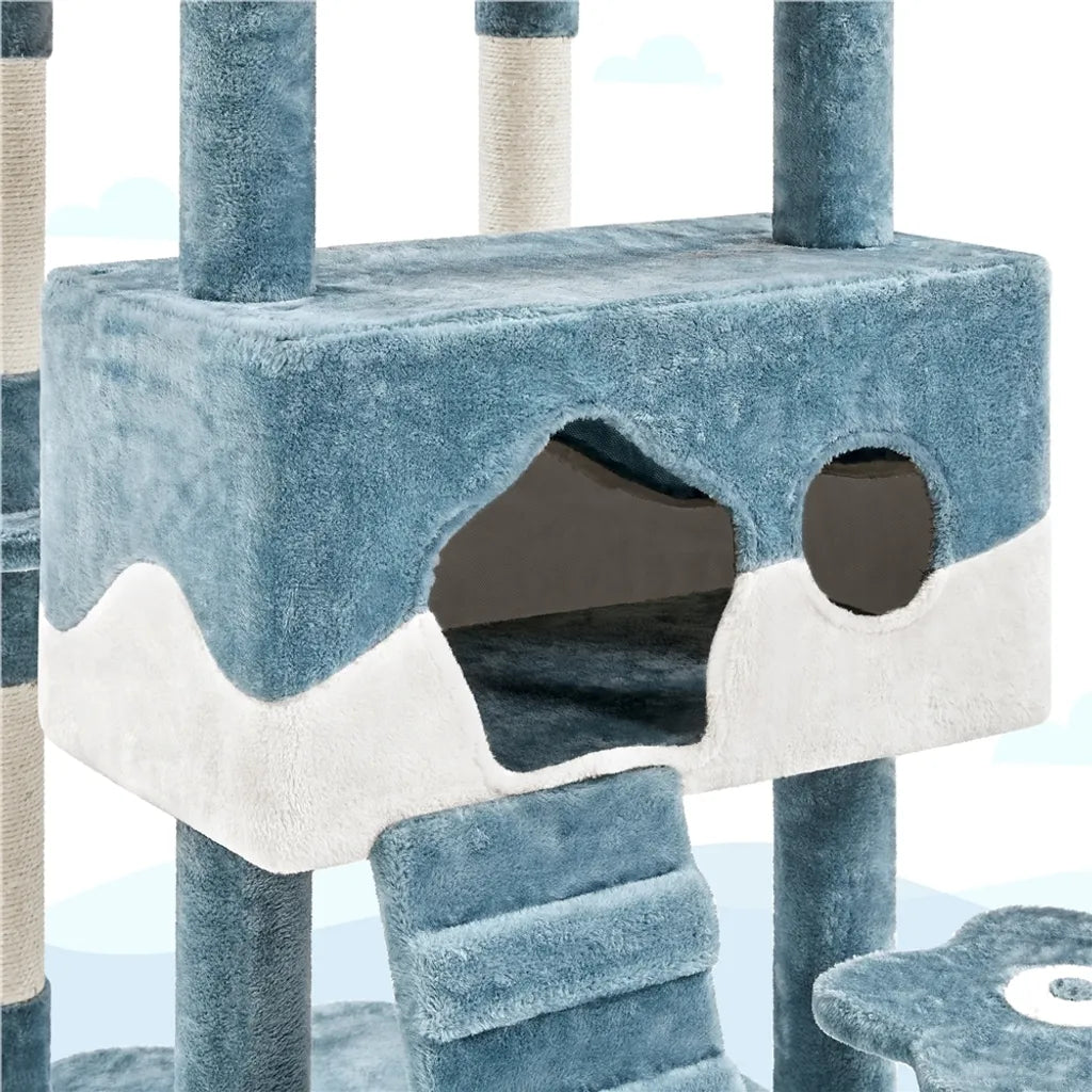 Arbre à chat Yaheetech « Océan » 93 x 55 x 184 cm - Bleu/Blanc - Arbre à chat avec maisonnettes et poteaux en sisal