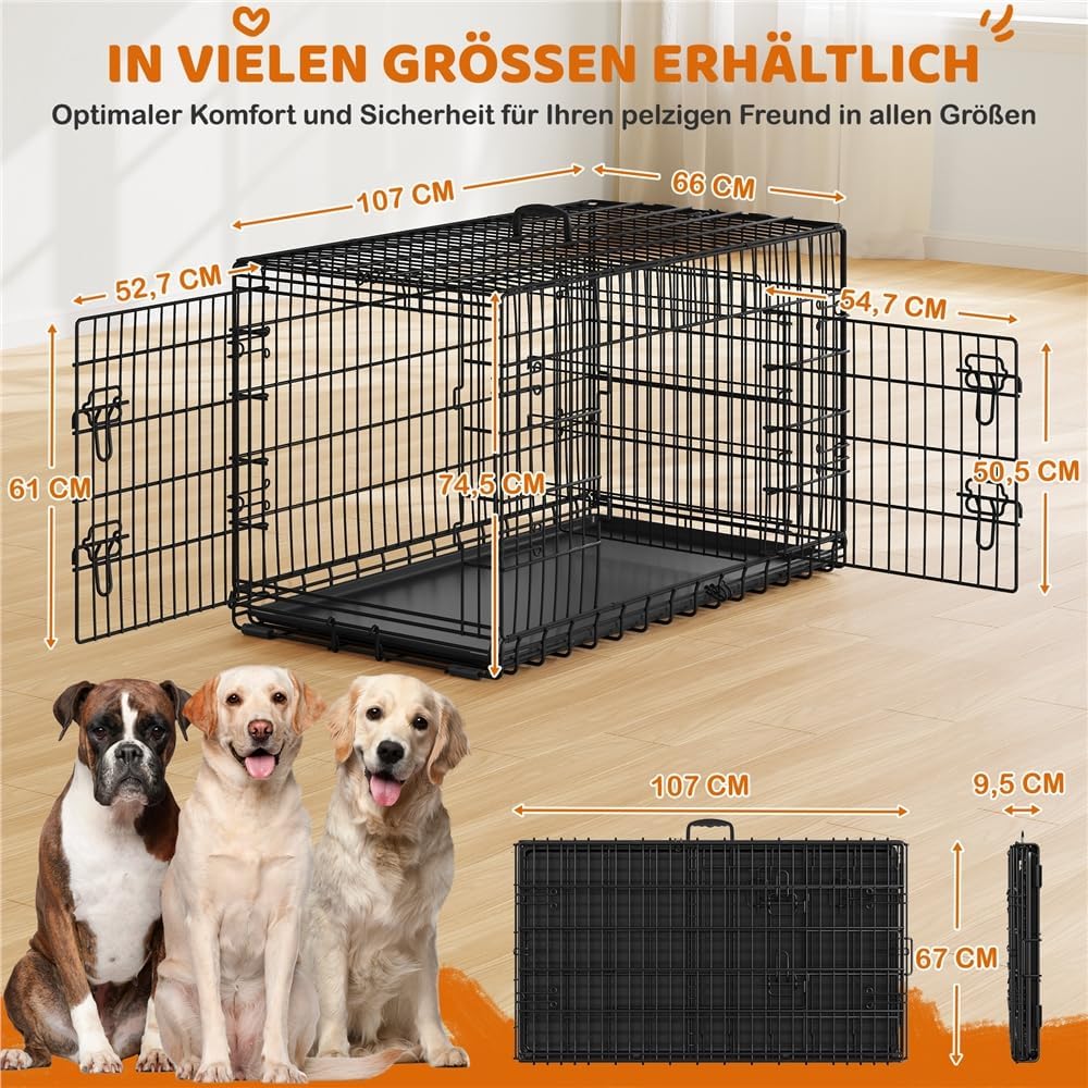 Cage pliable pour chien Yaheetech XL - 107 x 66 x 74,5 cm - 2 portes avec cloison de séparation et fond amovible - Noir