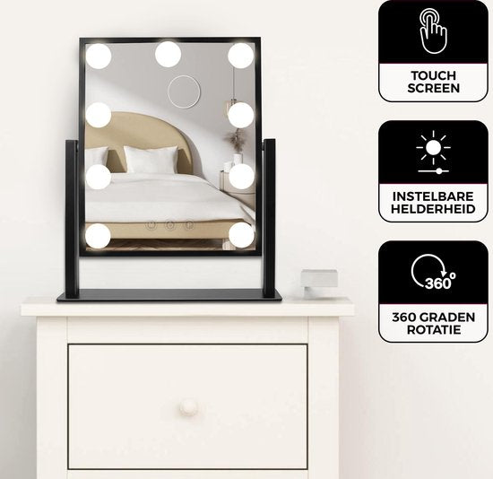 Bayt - Miroir avec éclairage - Miroir hollywoodien avec éclairage - Miroir de maquillage avec éclairage - Dimmable - Grossissement 10x - 36 x 30 cm - Noir