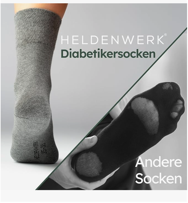 HELDENWERK - Chaussettes de santé et chaussettes pour diabétiques - 6 paires - Coton gris - Sans bord serré et sans coutures - Pointures 43-46 - À faible pression et respirantes - Unisexe