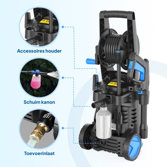 Nettoyeur haute pression Lugia - 135 bars - 1 600 W - 430 L/h - Pack comprenant un nettoyeur de terrasse, une brosse rotative et une buse turbo