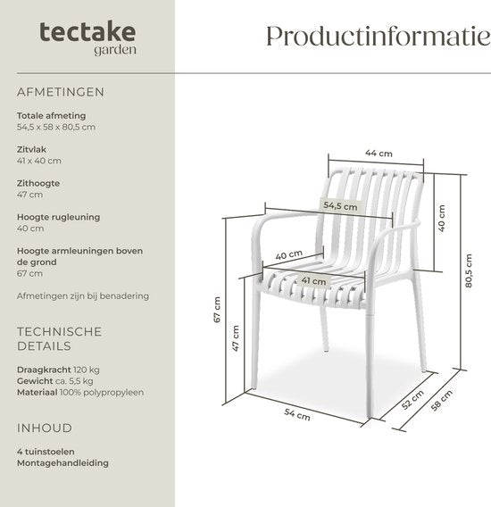tectake® Lot de 4 chaises de jardin Alcudia - Crème - Chaises en plastique avec accoudoirs - Ensemble de jardin à disposer autour d'une table de jardin ou au camping - Empilables - Chaises pour le jardin, la terrasse ou le balcon - Résistantes aux intempé