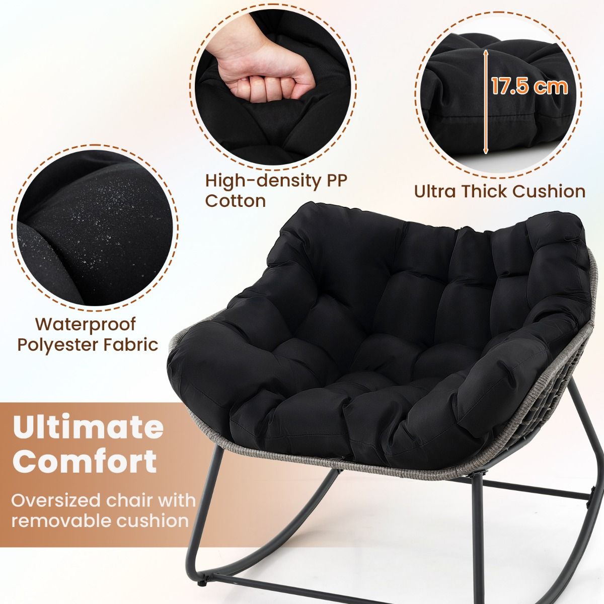 Fauteuil à bascule Coast - très grand format - coussin épais amovible - noir