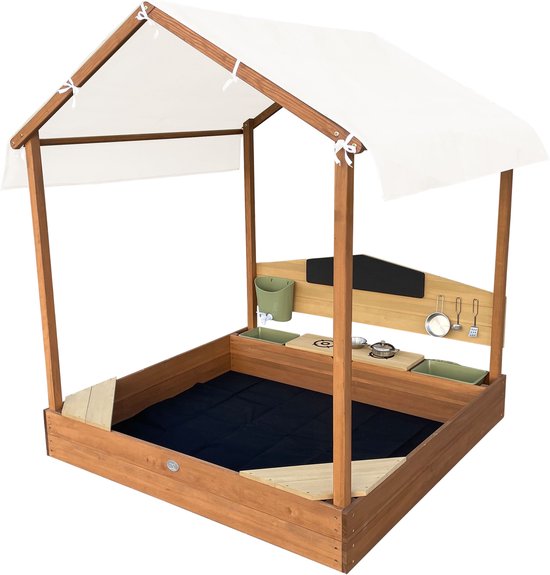 AXI Meli Bac à sable et maisonnette 120 x 120 cm avec cuisine jouet – Marron – Avec toit – Bois FSC – Avec tableau noir, réservoir d'eau et set de cuisine jouet 6 pièces – Avec 2 bancs - Toile de protection incluse – Garantie de 10 ans