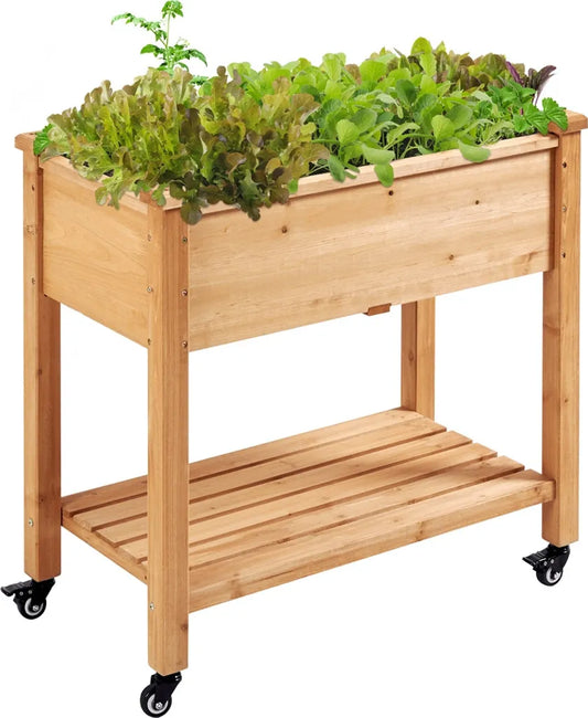 Yaheetech : bac à plantes surélevé à roulettes 87 x 47 x 83,5 cm - Marron clair - Bac de culture en bois avec étagère de rangement