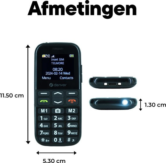 Téléphone portable Denver pour seniors 4G - Grandes touches - Bouton SOS - Grandir sans smartphone - Station de recharge - GSM - Bluetooth - Radio FM - Entièrement en néerlandais et en français - Modèle 2026 - BAS18800L