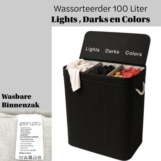 Panier à linge Ceruzo à 3 compartiments – Trieur de linge en bambou 100 L – Sac intérieur amovible – Noir