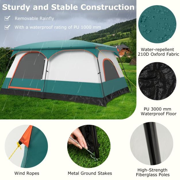 Costway Tente de camping - Pour 8-10 personnes - 420 x 305 x 200 cm - Bleu/vert