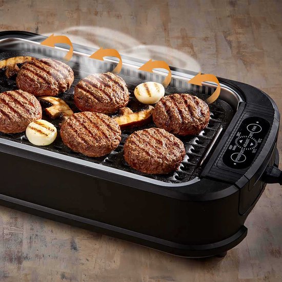 PowerXL Smokeless Grill - Barbecue électrique - Pour griller sans fumée ni odeur - Avec plaque de cuisson et fonction « arôme » - Revêtement antiadhésif - Avec couvercle en verre thermo-résistant - Barbecue d'intérieur - 1 500 watts - Édition vente par co