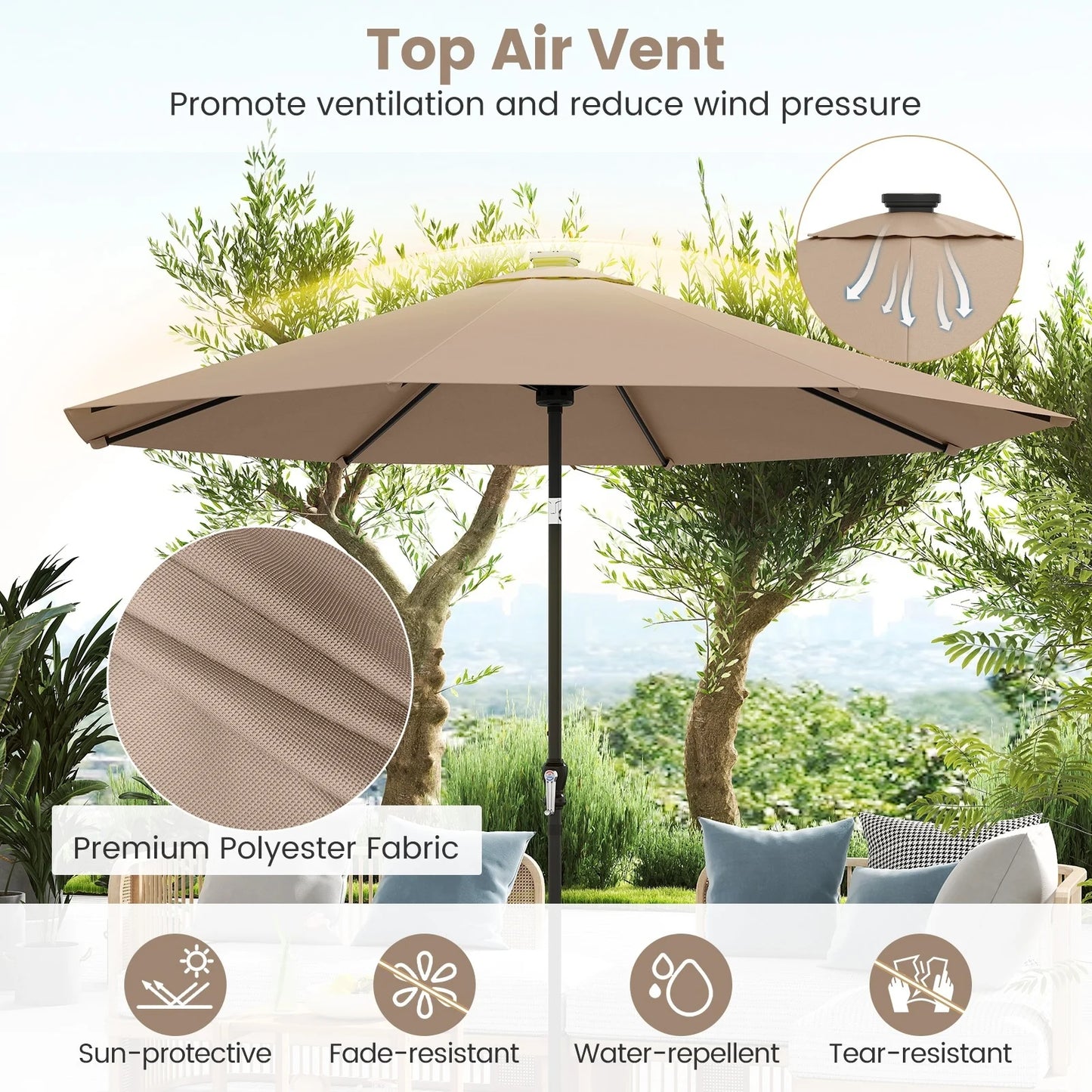 Parasol Coast avec éclairage LED à énergie solaire – Doté de neuf modes d'éclairage, d'un système d'inclinaison manuel et d'une poignée rotative pratique – Pour le jardin et la terrasse – Polyester beige et métal – 290 cm de largeur et 247 cm de hauteur