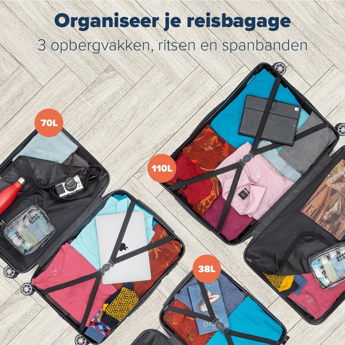 TRVLMORE Set de valises - 3 pièces - 38L (bagage à main) + 70L + 110L - Rose Gold