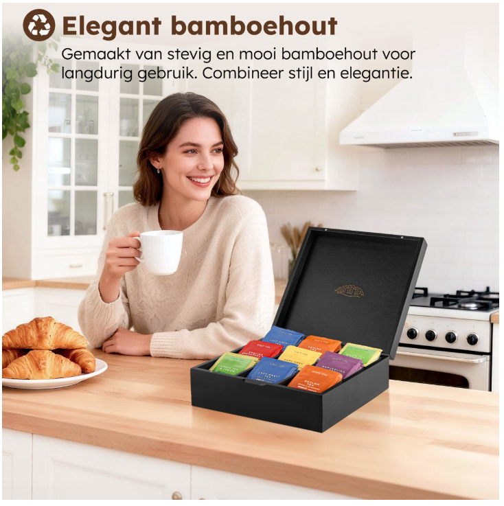 Nimma - Boîte à thé de luxe - 9 compartiments - Bambou noir - Avec fermeture magnétique et design compact - Organisateur de thé - Élégant et durable