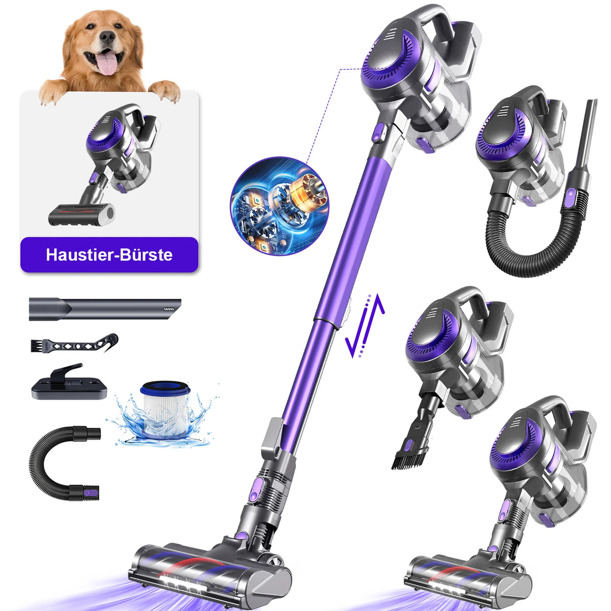 Aspirateur sans fil Daynee H75 - Puissance d'aspiration de 55 000 Pa - Violet - Filtration HEPA - Tuyau et brosse pour animaux - 44 x 30 x 19 cm
