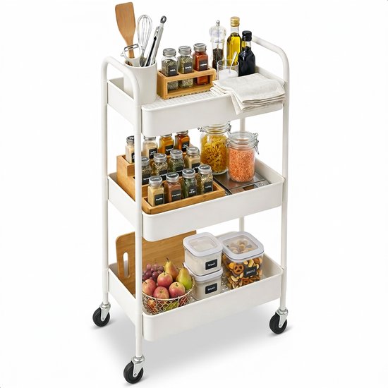 Chariot de cuisine à roulettes - 3 étages - Étagère de cuisine - Chariot de service - Armoire - Chariot - Rangement - Armoires de douche sur pied - Étagère - Blanc - Luft