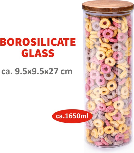 alpina Bocal en verre avec couvercle - 1650 ML - Lavable au lave-vaisselle - Verre borosilicaté et bois d'acacia