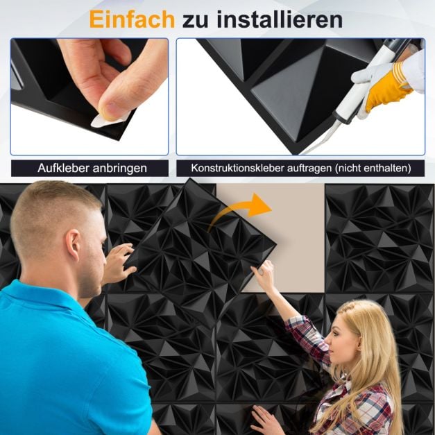 Panneaux muraux Coast 3D Diamant – 40 pièces de 50 x 50 cm – 10 m² – Noir