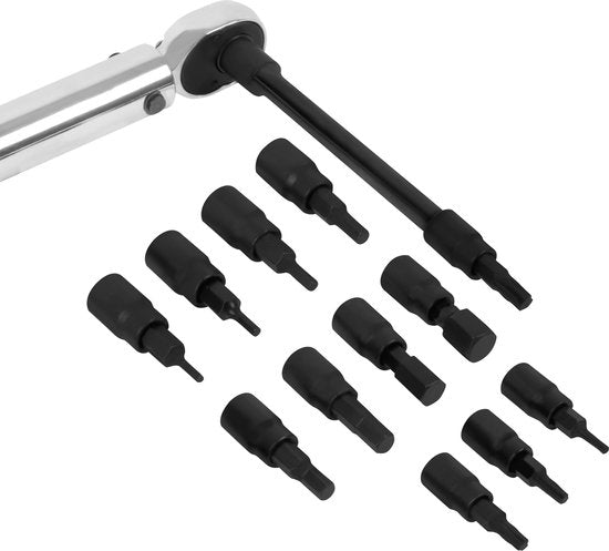 VONROC Clé dynamométrique ¼" - 265mm - 5-25Nm - Jeu d'embouts de 12 pièces (8 x Inbus, 4 x Torx) et rallonge de 100mm inclus - dans une mallette de rangement solide