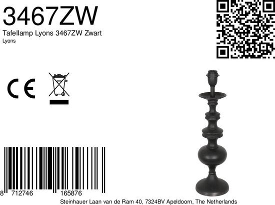 Anne Lighting Lampe à poser Lyons - noir - métal - 15,5 cm - douille E27 - 3467ZW