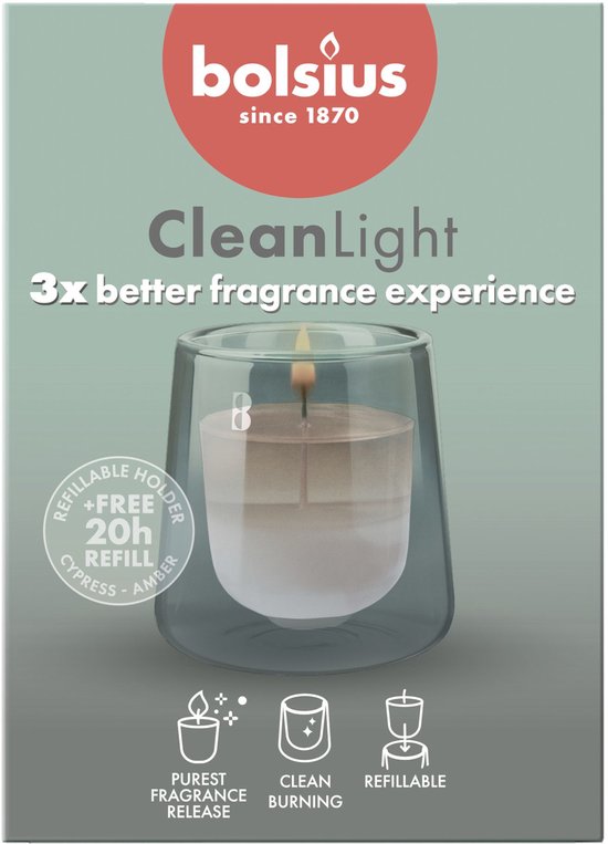 Bolsius - Clean Light - Bougie parfumée - Kit de démarrage - Cyprès et ambre