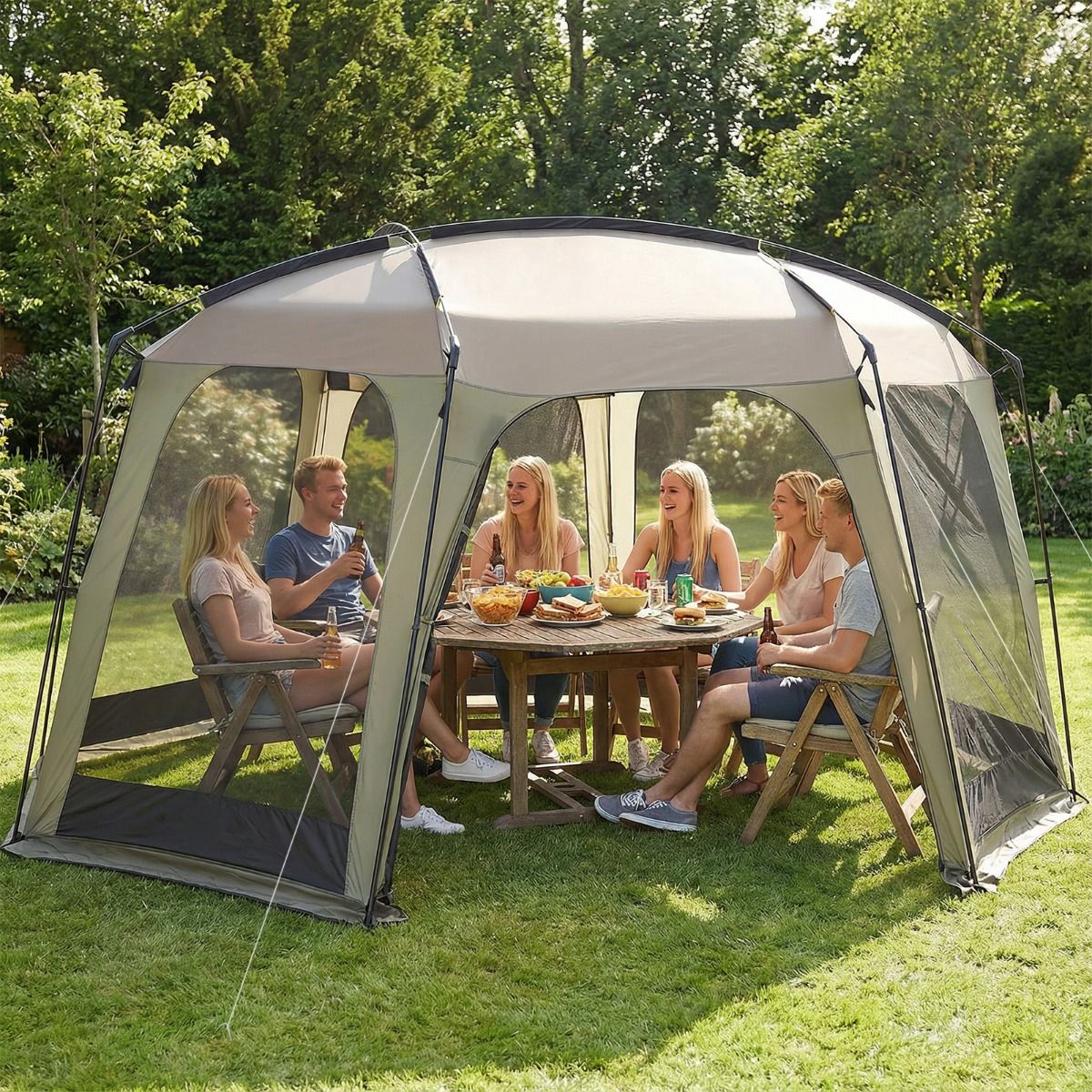 Tente de camping Coast avec moustiquaire - Tente de jardin pliable pour 6 à 8 personnes - 380 x 355 x 225 cm - Vert/Noir