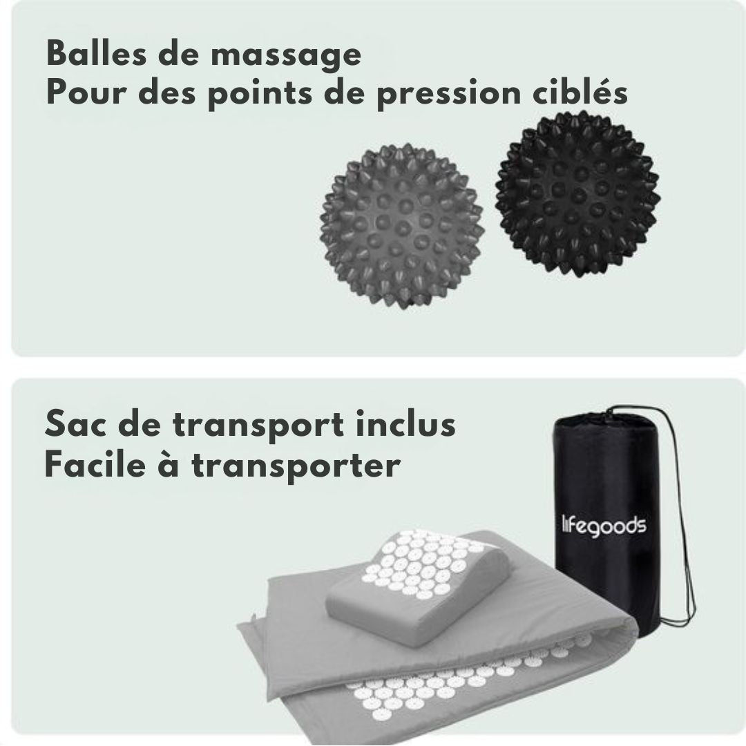 Tapis d'acupression XL LifeGoods - avec coussin - Tapis Shakti - Tapis pour ongles avec 2 balles pour points de déclenchement - 128x48x2cm - Gris/Blanc