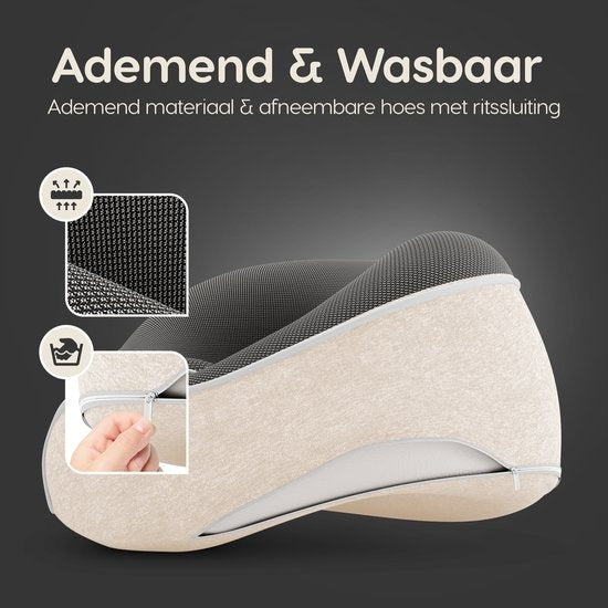 Dymac CloudRest Travel Pillow - Oreiller de cou - Soutien de la nuque - Oreiller de voyage en mousse à mémoire de forme - Comprend un masque pour les yeux et des bouchons d'oreille - Avec pochette de voyage - Beige