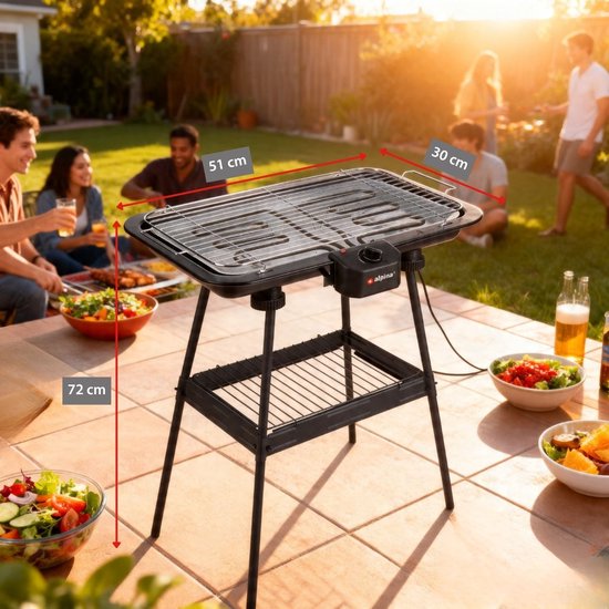 Barbecue électrique Alpina 2-en-1 2200 W - Barbecue électrique de table avec thermostat - Gril électrique avec fonction de maintien au chaud - Gril électrique de table avec grille réglable - 51 x 30 cm - Noir