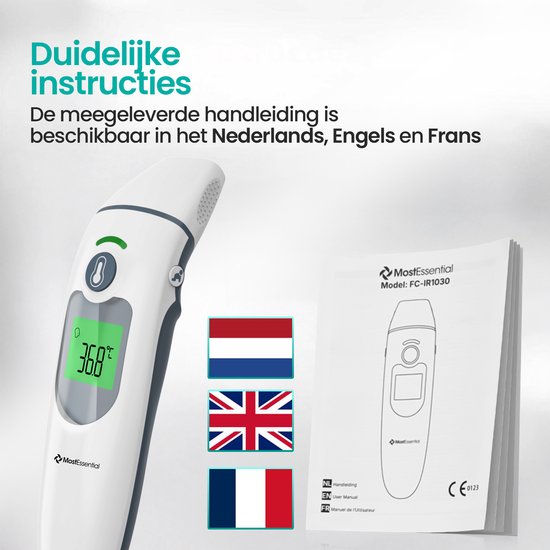 MostEssential Thermomètre digital de fièvre 2-en-1 - Thermomètre auriculaire - Thermomètre frontal et corporel - Thermomètre de fièvre pour adultes, enfants et bébés - Sans contact - IR30