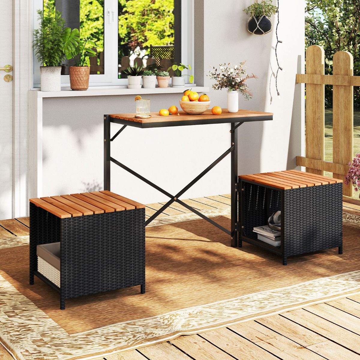 Coast : banc de jardin et table de pique-nique 2-en-1 - meuble de balcon modulable - avec espace de rangement - noir/naturel