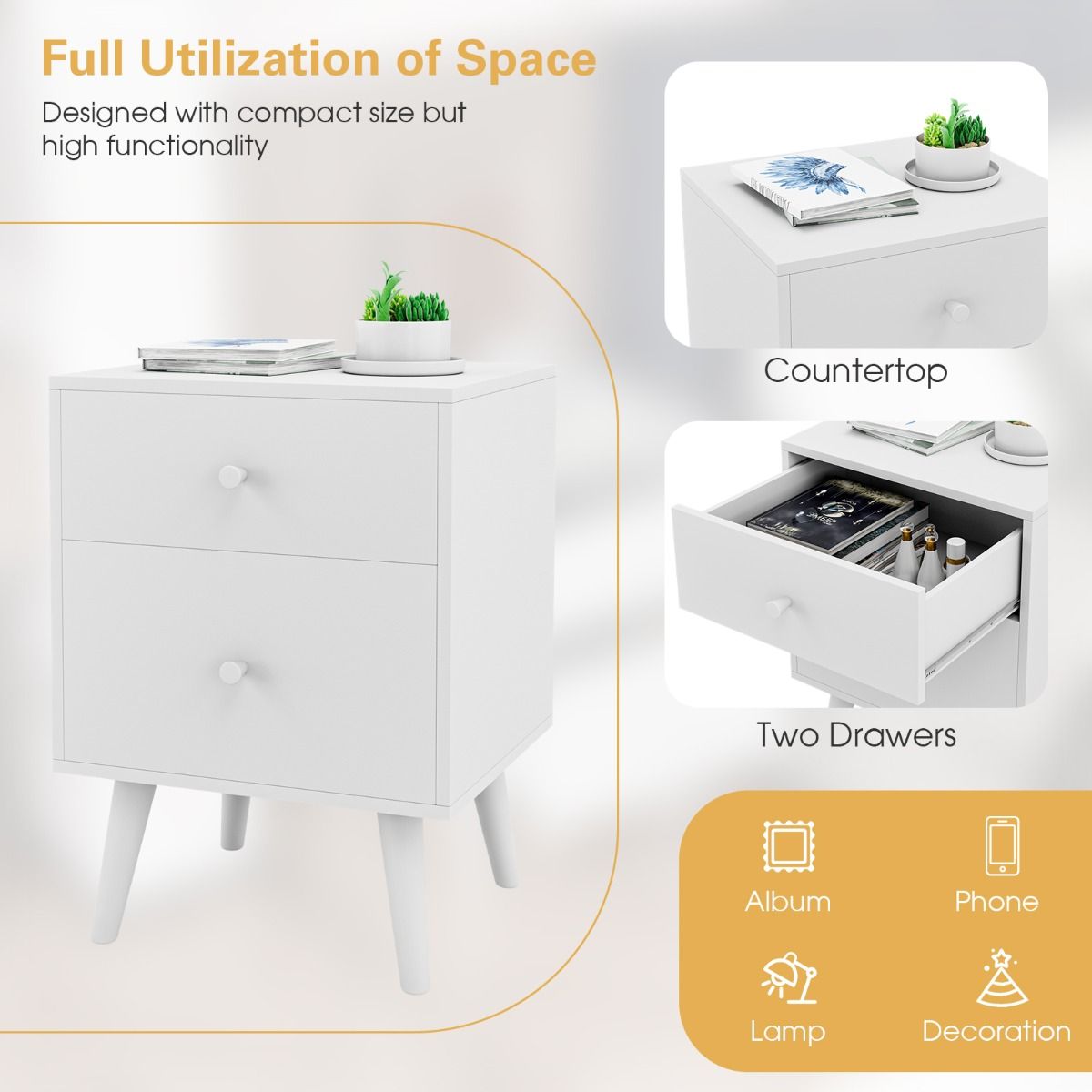 Coast Table de chevet 2 tiroirs 45x40x62 cm - Commode en bois blanc avec pieds en bois massif d'hévéa